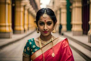 un hermosa indio mujer en un tradicional sari. generado por ai foto