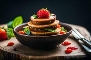 a plate of food with strawberries and mushrooms. AI-Generated photo