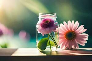 pink flowers in a jar on a table. AI-Generated photo