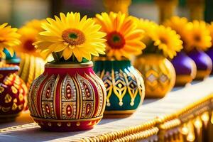 colorful vases with yellow flowers on a table. AI-Generated photo