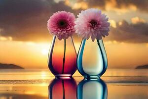 two vases with flowers on the beach at sunset. AI-Generated photo