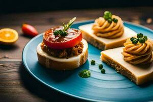 three small sandwiches on a blue plate. AI-Generated photo