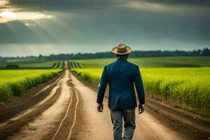 un hombre en un traje y sombrero camina abajo un suciedad la carretera. generado por ai foto