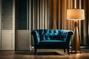 a blue chair and lamp in a room. AI-Generated photo