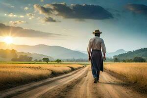 un hombre en un sombrero camina abajo un suciedad la carretera. generado por ai foto