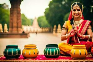 un mujer en tradicional indio atuendo se sienta en el suelo con ollas. generado por ai foto