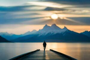 a man standing on a pier looking out over a lake and mountains. AI-Generated photo