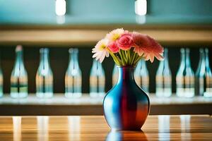 a vase of flowers on a table in front of empty bottles. AI-Generated photo