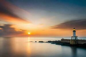 un faro a puesta de sol con un largo exposición. generado por ai foto