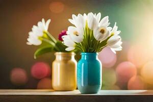 two vases with white flowers in them on a table. AI-Generated photo