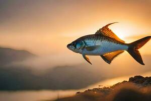 a fish is flying in the air at sunset. AI-Generated photo