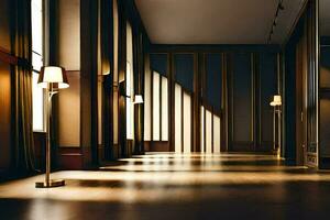 a long hallway with wooden floors and lamps. AI-Generated photo