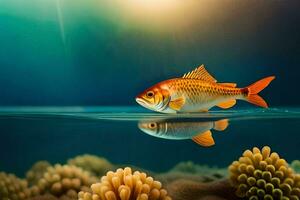 un pescado nadando en el Oceano con coral. generado por ai foto