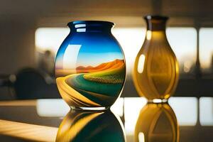 two vases with a landscape painted on them. AI-Generated photo