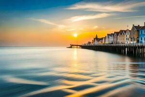 the sun sets over a pier and houses in the water. AI-Generated photo
