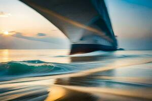 a long exposure photograph of the ocean and a bridge at sunset. AI-Generated photo