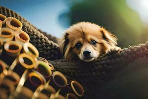a dog is sitting on a blanket with a bunch of straws. AI-Generated photo