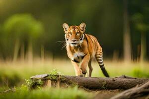 un Tigre caminando a través de un Iniciar sesión en el bosque. generado por ai foto