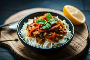 a bowl of noodles with vegetables and a lemon. AI-Generated photo