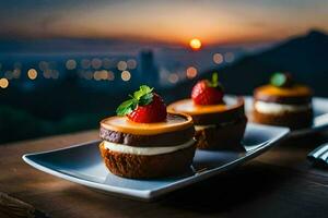 three desserts on a plate with a sunset in the background. AI-Generated photo