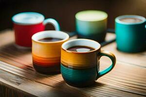 colorful coffee cups on a wooden table. AI-Generated photo