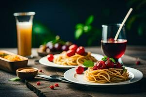 spaghetti with cherry tomatoes and basil on a wooden table. AI-Generated photo