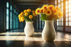 two vases with yellow flowers sitting on a wooden floor. AI-Generated photo