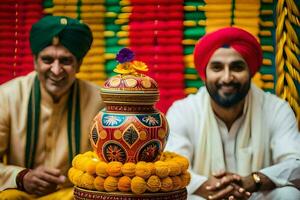 two men in turban pose with a colorful pot. AI-Generated photo