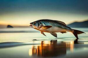 un pescado es saltando fuera de el agua a puesta de sol. generado por ai foto