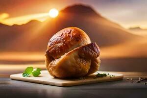 un pollo en un de madera corte tablero con el Dom ajuste detrás él. generado por ai foto