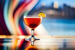 a cocktail sitting on a table with a cityscape in the background. AI-Generated photo