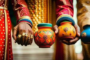 three people in colorful outfits holding colorful pots. AI-Generated photo