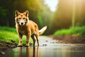 a dog standing in a puddle on a road. AI-Generated photo