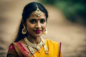 a beautiful indian woman in a yellow sari. AI-Generated photo