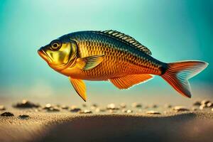 un pescado es en pie en el arena con un azul cielo. generado por ai foto