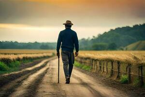 un hombre caminando abajo un suciedad la carretera con un caña. generado por ai foto