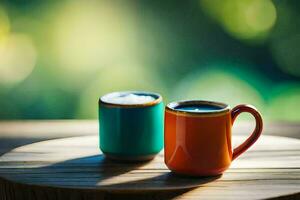 two coffee cups on a wooden table. AI-Generated photo