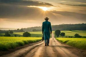 a man in a blue suit walks down a dirt road. AI-Generated photo