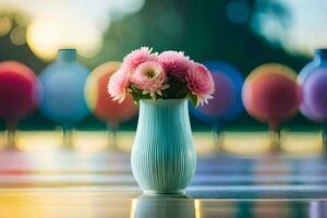 a vase with pink flowers sitting on a table. AI-Generated photo