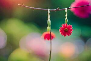 red flower hanging from a branch. AI-Generated photo