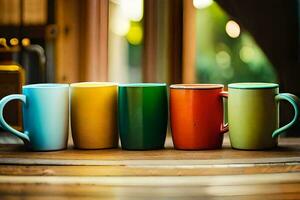 five colorful coffee mugs lined up on a table. AI-Generated photo