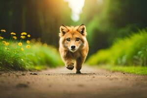 un zorro corriendo en un suciedad la carretera en el bosque. generado por ai foto