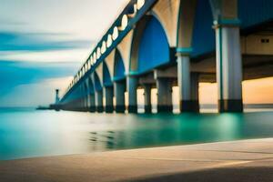 un hombre sentado en el borde de un puente con un azul cielo. generado por ai foto