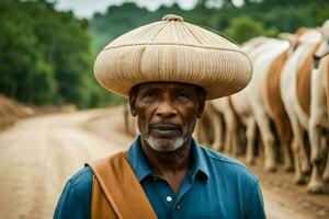 a man wearing a hat stands in front of a herd of cattle. AI-Generated photo
