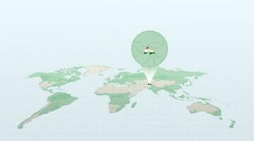 mundo mapa en perspectiva demostración el ubicación de el país Tayikistán con detallado mapa con bandera de tayikistán vector