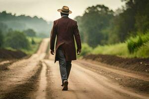 a man in a suit and hat walking down a dirt road. AI-Generated photo