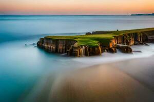 the ocean and cliffs at sunset. AI-Generated photo