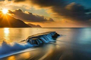 a sunset over the ocean with waves crashing into the shore. AI-Generated photo