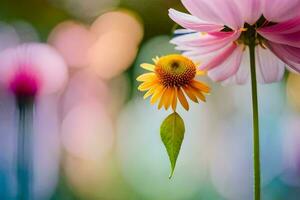 a pink flower and a yellow flower are in the foreground. AI-Generated photo