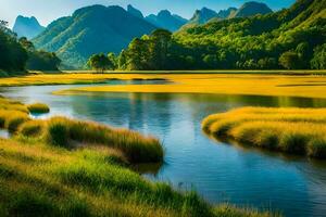 the river is surrounded by grass and trees. AI-Generated photo